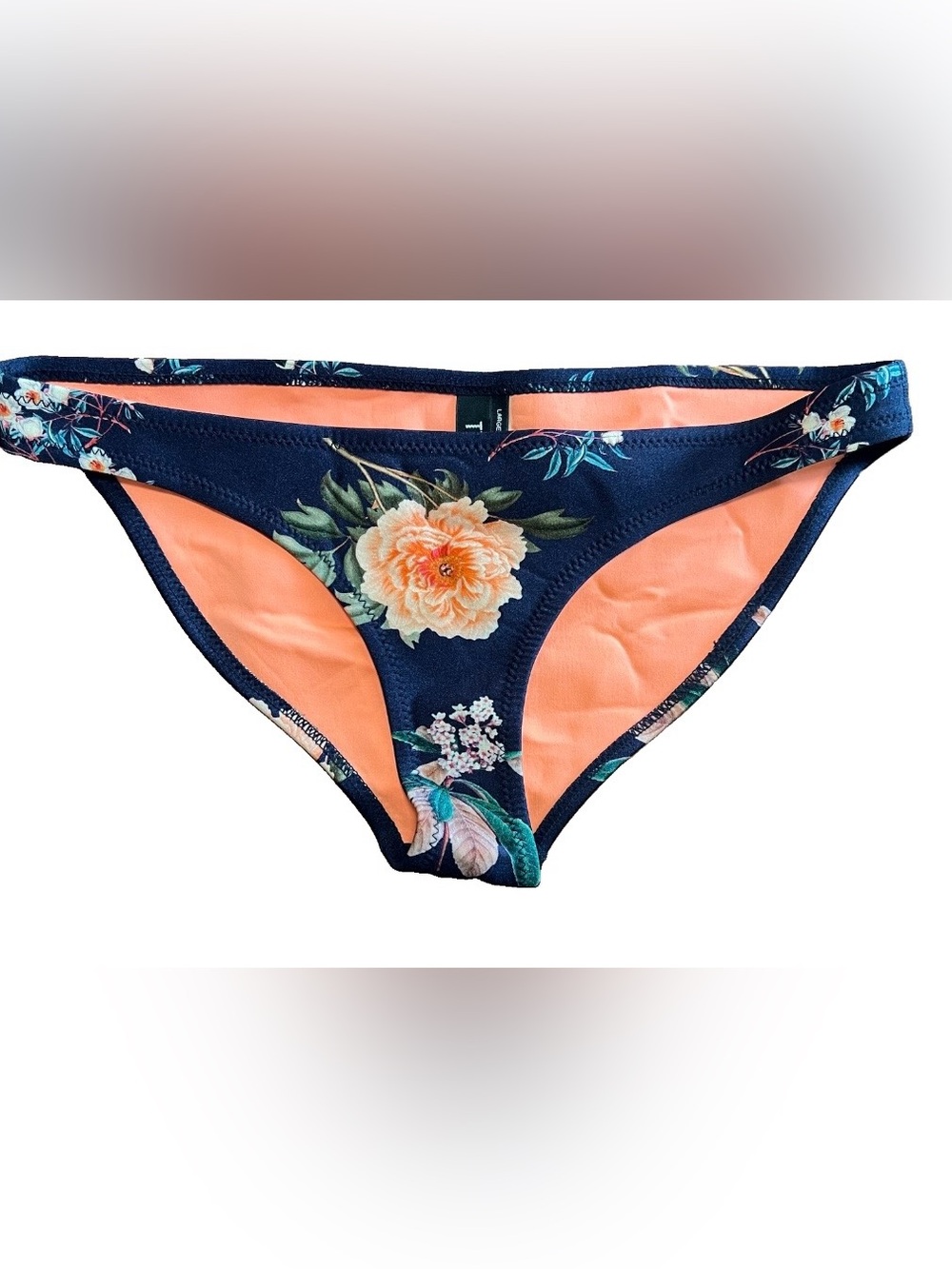 Triangl Women’s Navy Blue Peach Floral Neoprene Cheeky Bikini Bottoms Size L